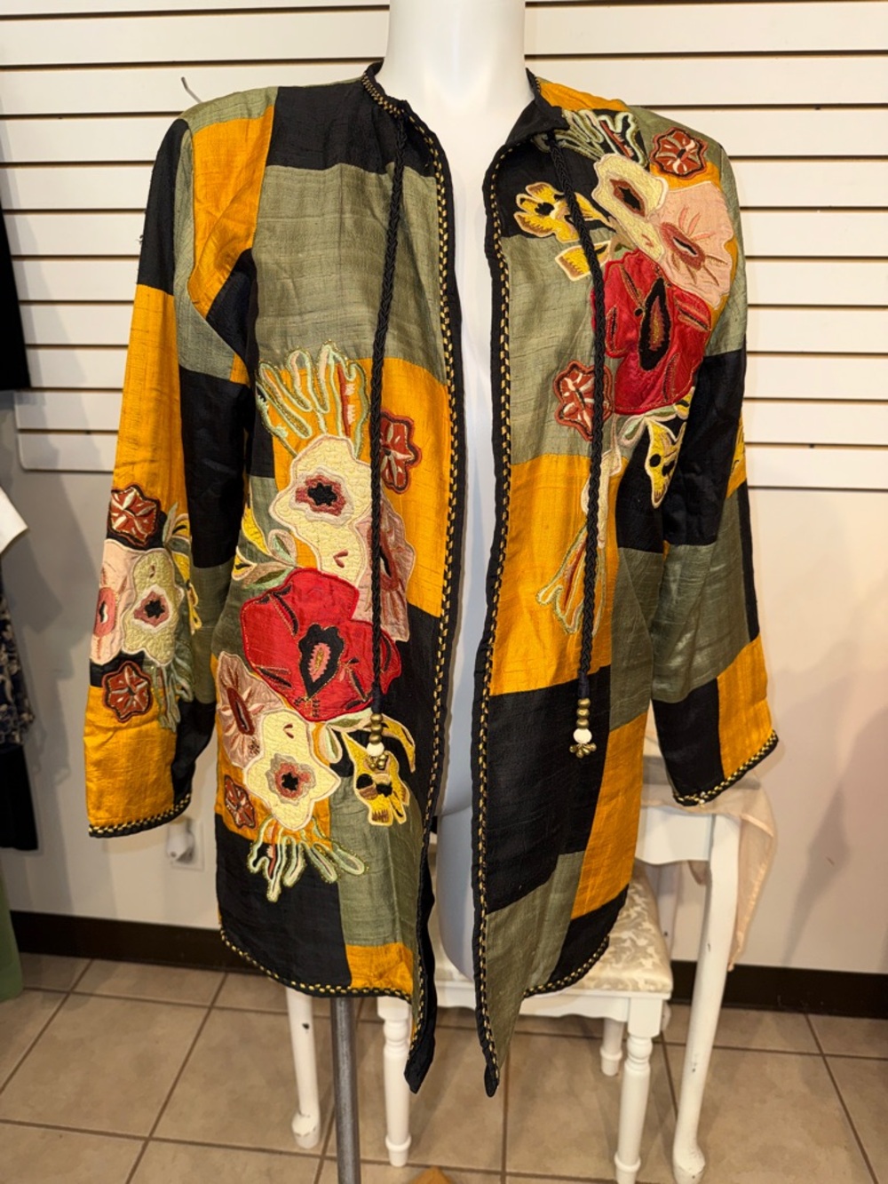 J A Resort Embroidered Patchwork Long Jacket - Mustard, Olive, Black